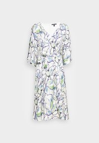 Vestido floral envelope com decote em V. Apresenta padrões de aquarela em roxo, azul e verde sobre um fundo branco. Cintura amarrada para ajuste personalizado.