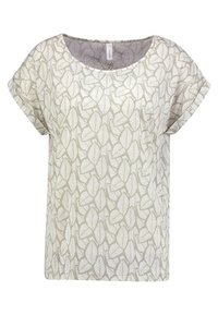 Lichtgewicht, kortärmige top met een grijs-wit bladerenpatroon, voorzien van een ronde halslijn en opgerolde mouwen. Zachte, gestructureerde stof.