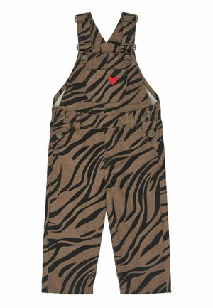 Salopette pour enfants rayée zèbre marron et noire avec une poche avant comportant une petite broderie de cœur rouge et des bretelles ajustables.