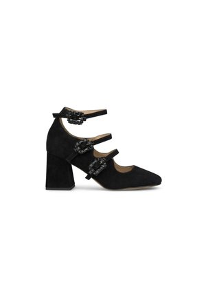 Chaussures à talons hauts en suede noir avec un bout carré, dotées de trois brides de cheville ornées de ferrures décoratives noires. Design à talon épais.