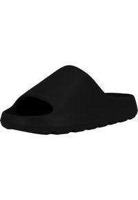 Musta kumisaapas sandaali, jossa on avonainen varvasdesign, sileä pinta ja paksu pohja, jossa on uria pidon parantamiseksi. Yksinkertainen ja kevyt.