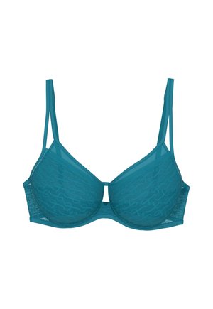 Biustonosz turkusowy z koronką, z fiszbinami i regulowanymi podwójnymi ramiączkami, z delikatnym tiulowym zdobieniem na miseczkach i bokach, prezentowany na białym tle.