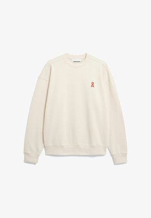 Cremefarbener Sweatshirt aus weichem Stoff. Verfügt über einen Rundhalsausschnitt, gerippte Bündchen und ein kleines pinkfarbenes Bandemblem auf der linken Brust.