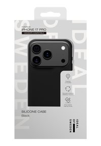 Musta silikonikuori iPhone 17 Prolle, jossa MagSafe-yhteensopivuus. Pakattu harmaalle taustalle, jossa tuotetiedot näkyvästi esillä.