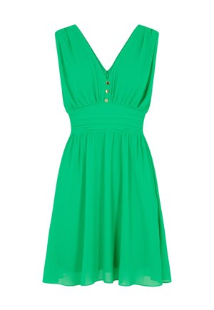 Grünes Kleid mit tiefem V-Ausschnitt, kurzen Ärmeln, gerafftem Bund und fließendem Rock. Verfügt über drei goldene Knöpfe am Ausschnitt.