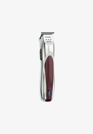 Cordless silver and maroon Wahl hair trimmer with adjustable blade and power switch on the side.