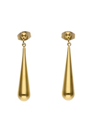 Pair of shiny gold drop earrings with elongated teardrop shapes hanging from small round studs.
