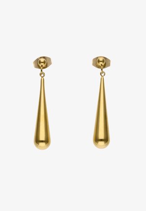 Een paar glanzende gouden druppelvormige oorbellen met langwerpige tranenvormige hangers die aan kleine ronde stekers hangen.