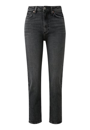 Black denim jeans with a straight cut, high waist, five-pocket design, and subtle faded texture. Button and zipper closure at the front.