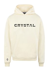 Felpa color crema con cappuccio e tasca frontale, con la scritta "CRYSTAL" in grassetto nero sul petto e un logo a diamante sulla manica.