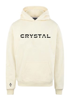 Kremowy hoodie z przednią kieszenią, z napisem "CRYSTAL" dużymi czarnymi literami na klatce piersiowej oraz logo diamentu na rękawie.