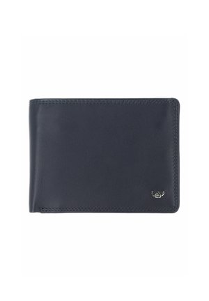 Portefeuille bi-fold en cuir noir avec un petit emblème logo ailé argenté dans le coin inférieur droit, coutures visibles le long des bords.