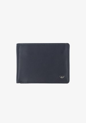 Portefeuille bi-fold en cuir noir avec un petit emblème logo ailé argenté dans le coin inférieur droit, coutures visibles le long des bords.