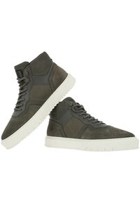 High-top sneakers with a gray suede upper and mesh accents, featuring a white rubber sole and a textured design. Laced closure.