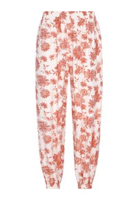 Lichte, witte broek met een bloemenpatroon in oranje. Kenmerkt zich door een elastische taille en boorden, met een relaxte, taps toelopende pasvorm.