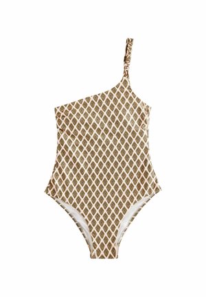 TALL FIT - ONE SHOULDER TUMMY CONTROL - Costume da bagno - khaki green cream foil woodblock