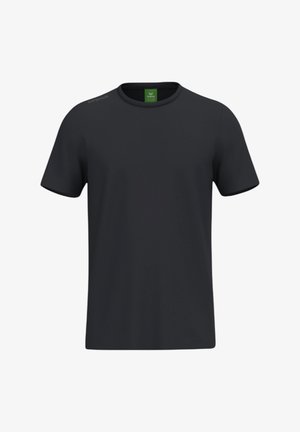 T-shirt noir uni à manches courtes avec col rond et petite étiquette verte à l'intérieur du col.