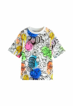 Short-sleeve, white T-shirt featuring colorful cartoon graphics including faces and creatures, with a round neckline and a relaxed fit.