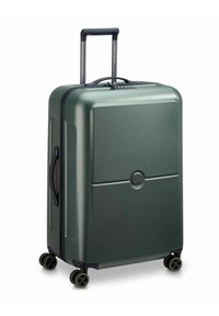 Valigia rigida di colore verde scuro con finitura testurizzata, manico retrattile, maniglia superiore per il trasporto e quattro ruote con dettagli neri e gialli.