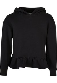 Svart hoodie tillverkad av mjukt tyg, har en volangkant, långa ärmar och en dragsko i huva. Slät textur och enkel design.