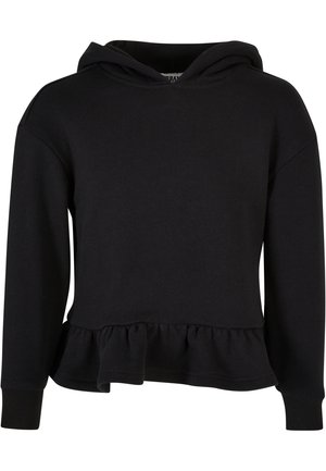 Svart hettegenser laget av myk stoff, har volanger nederst, lange ermer og snøring i hetten. Glatt tekstur og enkelt design.