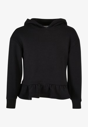 Felpa nera realizzata in tessuto morbido, con orlo arricciato, maniche lunghe e cappuccio regolabile con cordino. Texture liscia e design semplice.