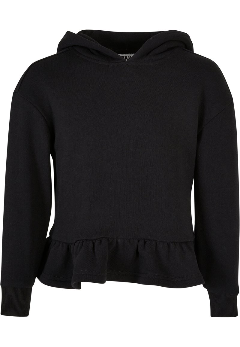 Svart hoodie tillverkad av mjukt tyg, har en volangkant, långa ärmar och en dragsko i huva. Slät textur och enkel design.