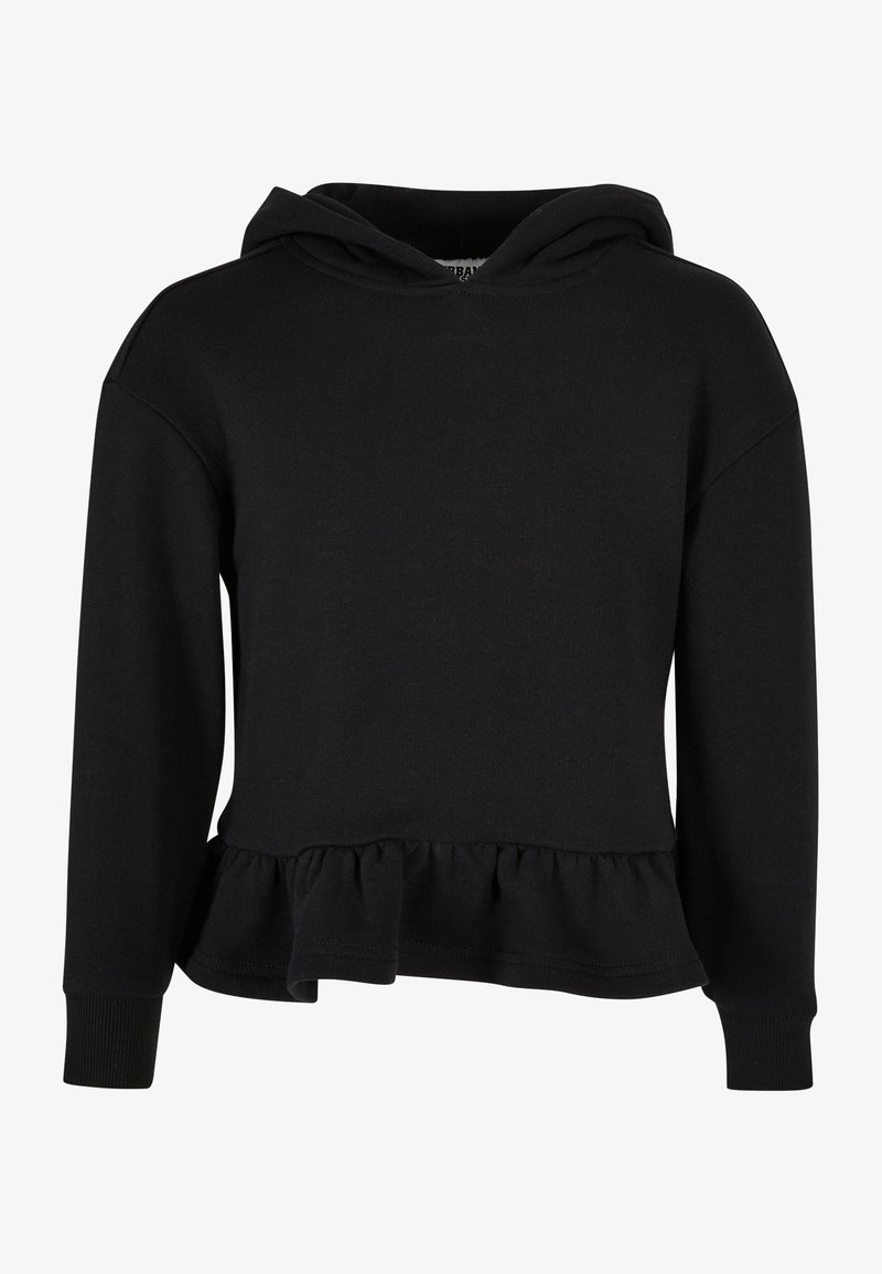 Sudadera negra hecha de una tela suave, presenta un dobladillo rizado, mangas largas y una capucha con cordón. Textura suave y diseño simple.