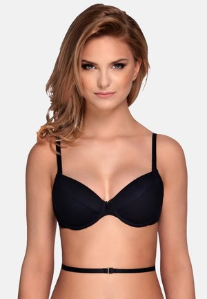 Black underwire bra featuring smooth fabric, shaped cups, adjustable straps, and a central clasp. Simple design with no visible patterns.