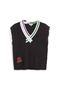 Mouwloze donkere sweatergilet met een V-hals, voorzien van groen, wit en rode gestreepte afwerking en een rode 'M' geborduurd op de voorkant.