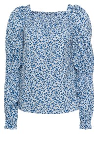 Blomstret bluse med blåt og hvidt mønster, firkantet halsudskæring og pufærmer. Fremstillet af let stof med samling ved manchetterne.