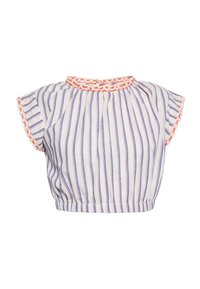 Csíkos, fehér, cropped top kék és lila csíkokkal. Ráncolt nyakkivágással rendelkezik, és narancssárga hímzett díszítésekkel a ujjakon és az alján.