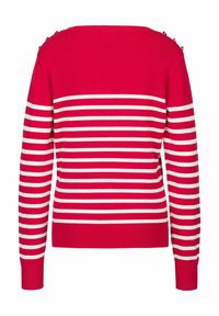Roter Pullover mit weißen horizontalen Streifen und Knopfakzenten an der Schulter. Strickmaterial, Rundhalsausschnitt und gerippte Bündchen sowie Saum.