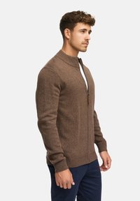 Pull en tricot marron avec un col montant et une fermeture éclair. Présente des poignets et un ourlet côtelés, fabriqué dans un matériau doux. Le modèle se tient de profil.