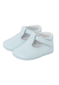 Scarpe per bambini di pelle azzurro chiaro con punta arrotondata, design con ritagli, cinturino alla caviglia e fodera bianca. Cuciture decorative lungo la suola.