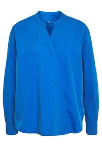 Blouse bleue à manches longues avec col mandarin et boutons dissimulés à l'avant, présentée sur fond blanc.