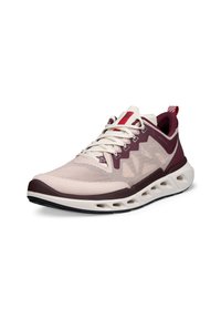 Une seule basket athlétique beige et bordeaux avec des lacets blancs et une semelle ventilée inclinée vers la gauche sur fond blanc.