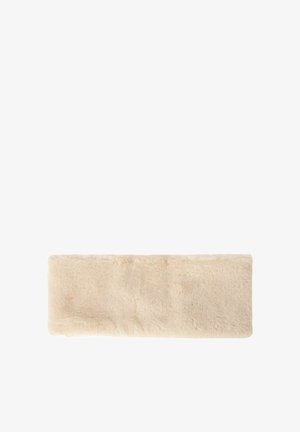 Faux fur headband in light beige, rectangular shape, soft texture, featuring a plush surface with no visible fasteners or patterns.