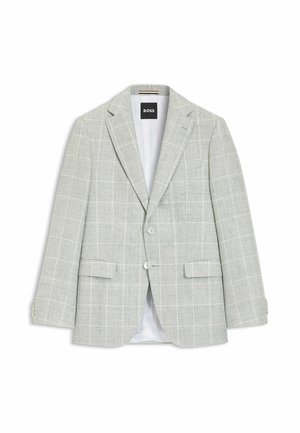 Blazer para hombre gris claro con patrón de cuadros ventana blanca, solapas con muesca, dos bolsillos delanteros con solapa y dos botones delanteros, etiquetado BOSS.