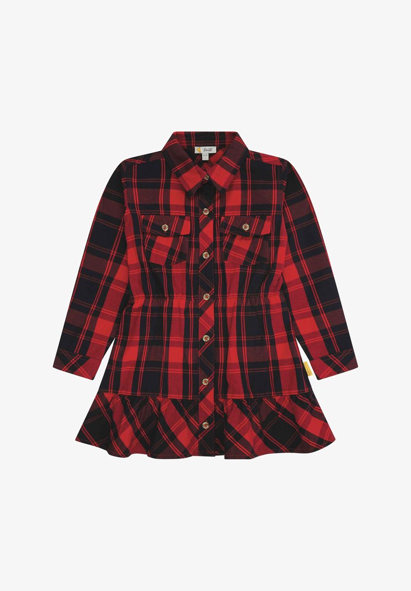 Robe à carreaux rouge et noir avec manches longues, fermeture à boutons, poches poitrine et ourlet évasé. Fabriquée en tissu doux avec une finition texturée.