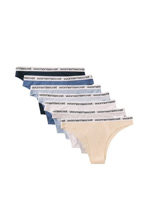 Sept culottes de bikini pour femmes en couleurs dégradées du bleu foncé au beige, chacune avec une ceinture blanche portant la marque "women'secret".