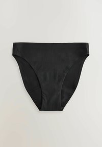 Zwarte bikini-bottem met een geribbelde textuur, gemiddelde bedekking en een gladde tailleband met naadloze randen. Eenvoudig, minimalistisch ontwerp.