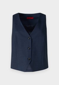 Mörkblå ärmlös väst med v-ringning, prydd med fem svarta knappar och en slät tygstruktur. Enkel och skräddarsydd design.