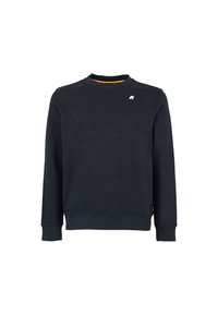 Granatowy sweter crewneck wykonany z mieszanki bawełny, z ryżowym splotem i mankietami. Małe logo na lewej piersi; pomarańczowy detal przy wewnętrznej stronie dekoltu.