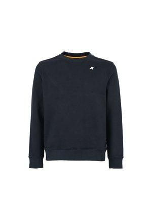 Felpa girocollo blu navy in cotone misto, con texture a coste e polsini. Piccolo logo a sinistra sul petto; dettaglio arancione all'interno del colletto.
