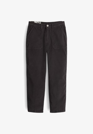 Pantalons en velours côtelé noir au design droit, avec deux poches avant, une fermeture à bouton et une texture subtile sur l'ensemble.