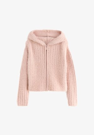 Mekani roza karirani kardigan s patentnim zatvaračem sprijeda i dugim rukavima, s kapuljačom i tkanjem s rebrastom teksturom.