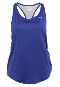 Blå sportstopp med meshbak, racerback-design, rundad nederkant och diskret logotyp på vänster bröstområde. Tillverkad av lättviktsmaterial.