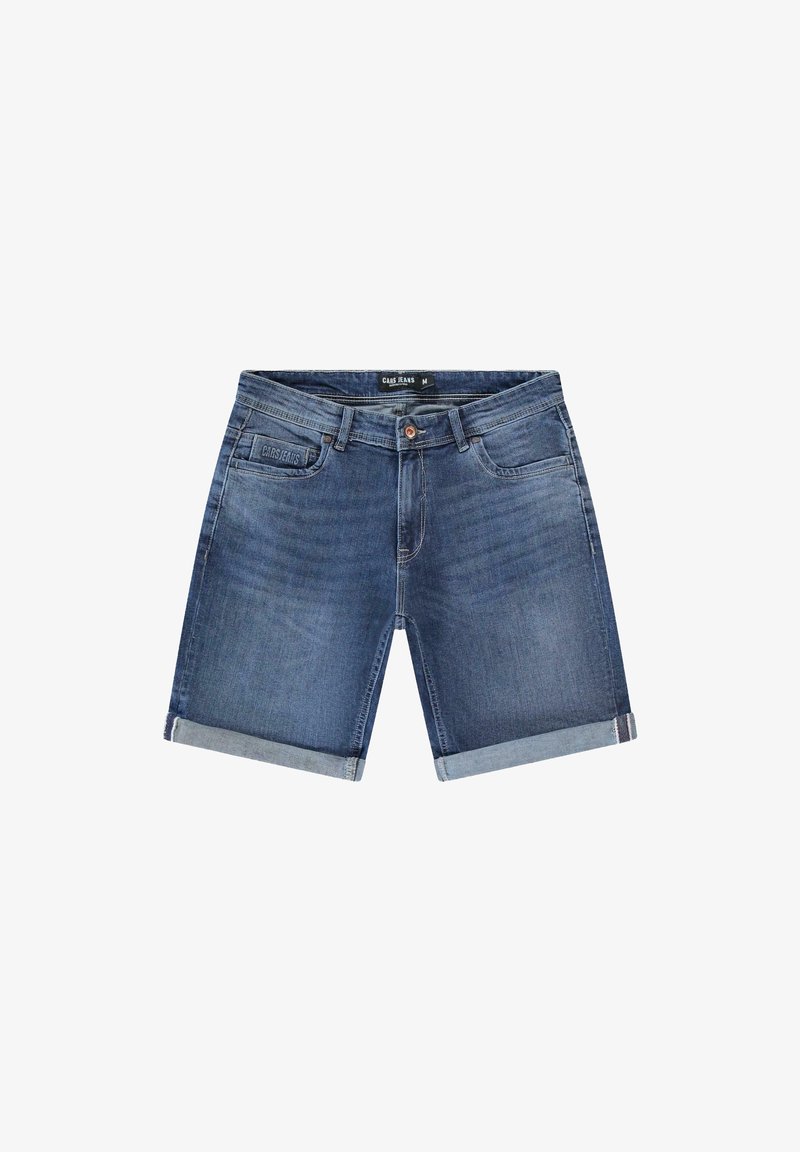 Denim shorts met een medium blauwe wassing, voorzien van opgerolde zomen, vijf zakken en een logo patch op de linker voorkant zak.