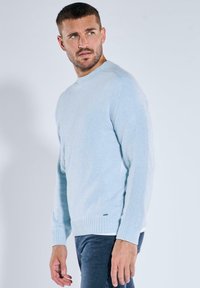 Hellblauer Pullover aus weichem Stoff, mit Rundhalsausschnitt, gerippten Bündchen und einem dezenten Logo-Detail am Saum. Slim-Fit-Design.